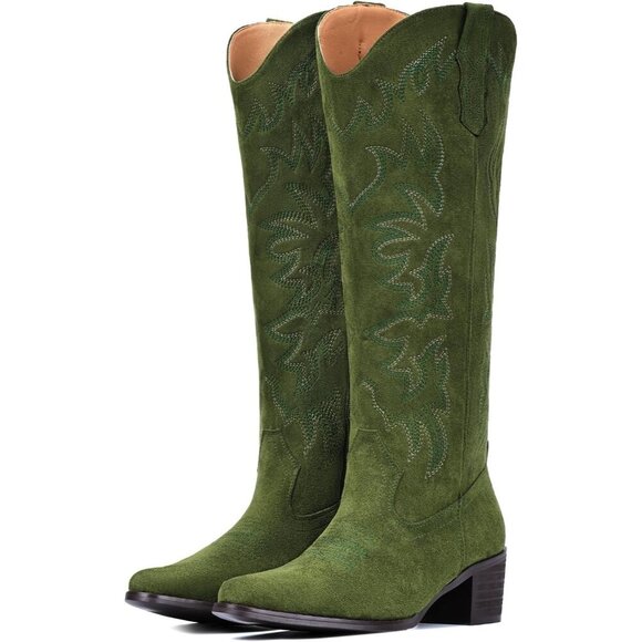 Shoes - Women Faux Leather Suede Green Side Zipper Chunky Heel Knee High Western Boots